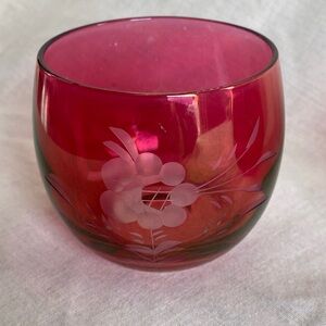 Vintage Set of 6 Cranberry Glass Roly Poly Tumblers Red Etched Floral, 3" MCM